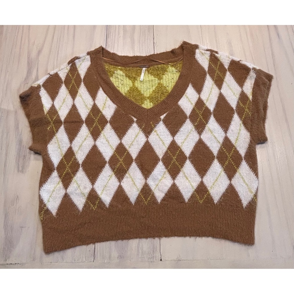 Free People Argyle V-Neck Sweater Vest Brown White Fuzzy Cropped Small Preppy